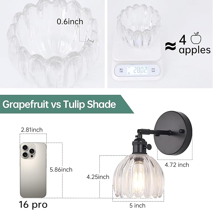 Vintage Wall Sconce with Cute Transparent Tulip Glass Lampshade 180 Degree Adjustable Black Sconce Hradwired Modern Wall Lighting Fixture with Switch for Bedside Bedroom Doorway