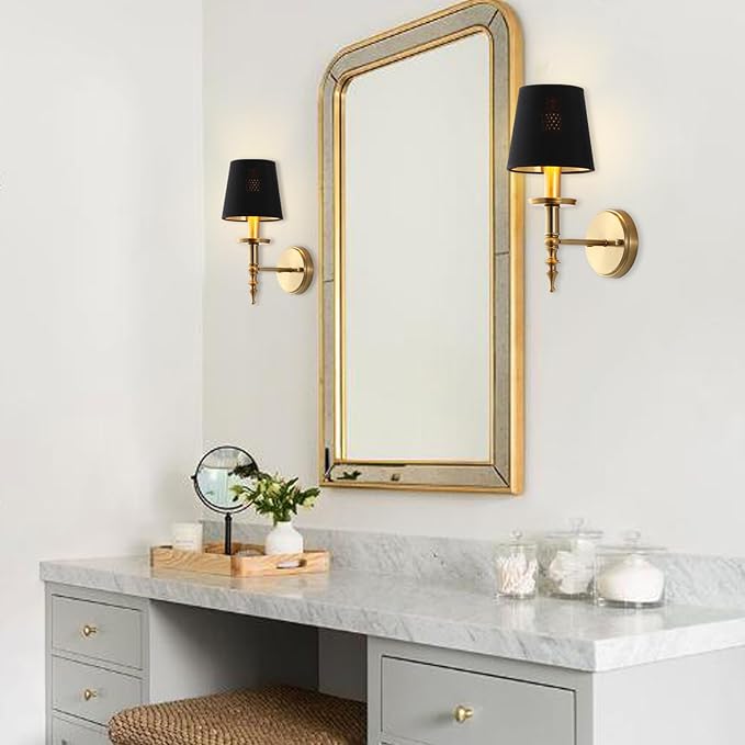 Modern Wall Sconce Industrial Mid Century Bathroom Vanity Wall Light Brushed Brass Finished Frame and Black Linen Shade Wall Mount Lights for Living Room Bedroom Stairs Corridor Mirror