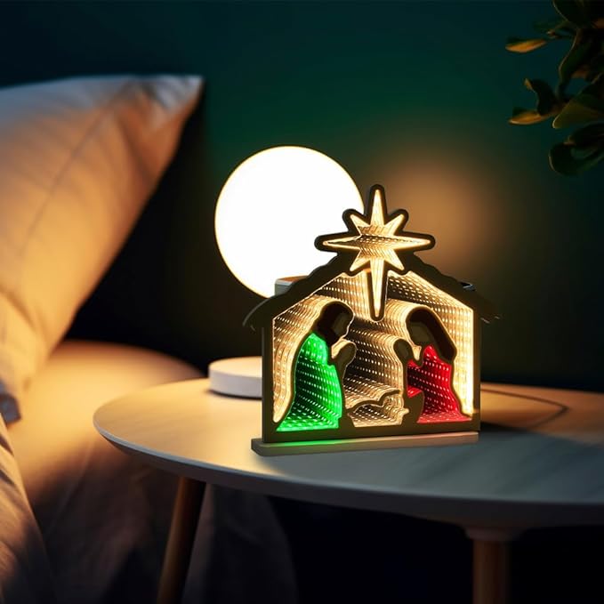 MEETYAMOR Nativity Sets for Christmas Indoor, Nativity Scene Infinity Mirror Tunnel Light, Nativity Scene with Manger for Home Living Room Mantel Table Centerpiece Christmas Decorations