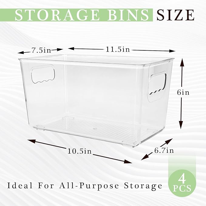 4 Pack Plastic Storage Bins, Clear Refrigerator Drawer Organizer Containers with Handles, Stackable Pantry Organization Boxes for Home Kitchen Fridge Freezer Cabinet Bathroom