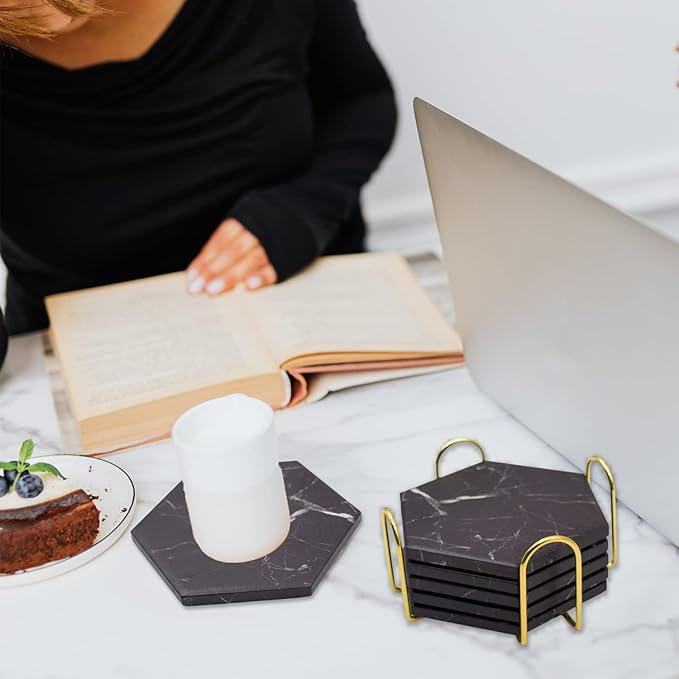 Absorbent Hexagon Black Marble Coasters for Drink with Gold Holder and Cork Base Set of 6 Decorative Tabletop Protection for Bar Kitchen Home and Dining Room