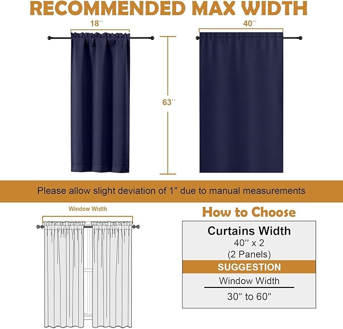 Aiyufeng Navy Blue Blackout Curtains for Bedroom 63 Inch Length 2 Panels, Solid Thermal Insulated Energy Saving Rod Pocket Window Treatment Curtains Blackout Drapes, W40 x L63 Inch, Navy Blue