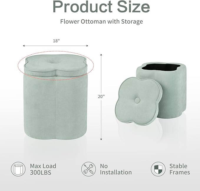 Crestview Collection Foot Rest Ottoman with Storage,Chenille Fabric Flower Ottoman for Living Room, Vanity Stool for Bedroom,Floor Pouf for Home Decor,Seafoam Green,18 inches