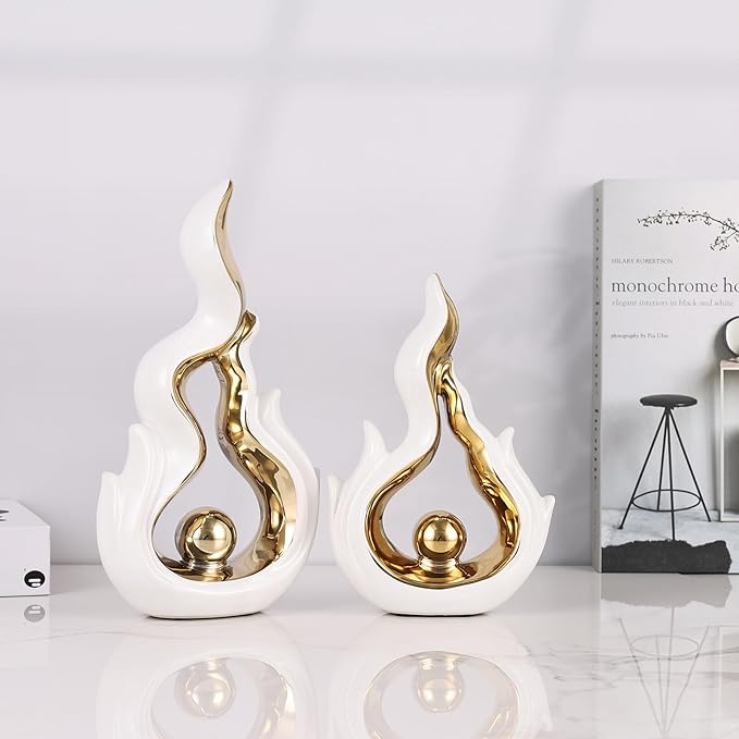 2 Pcs White and Gold Ceramic Sculptures for Home Decor, Modern Abstract Art Statues, Centerpieces for Dining Room Table, Living Room, Shelf, Mantel, Coffee Table, Entryway Accent Decorations