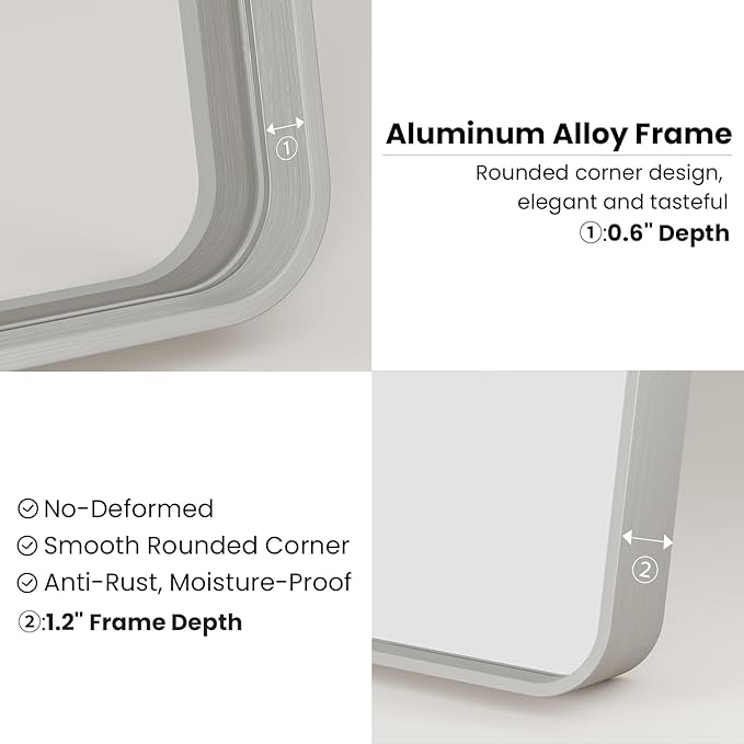 Brushed Nickel Bathroom Mirror 20x30 Inch, Brushed Silver Metal Frame Mirror Wall Mounted, Rounded Rectangle Bathroom Vanity Mirror, Tempered Glass, Anti-Rust, Horizontal/Vertical