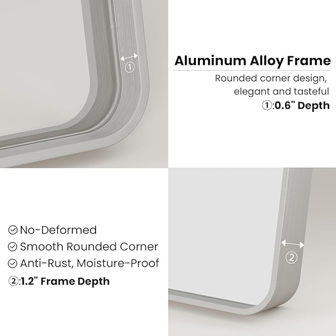 Brushed Nickel Bathroom Mirror 28x36 Inch, Brushed Silver Metal Frame Mirror Wall Mounted, Rounded Rectangle Bathroom Vanity Mirror, Tempered Glass, Anti-Rust, Horizontal/Vertical