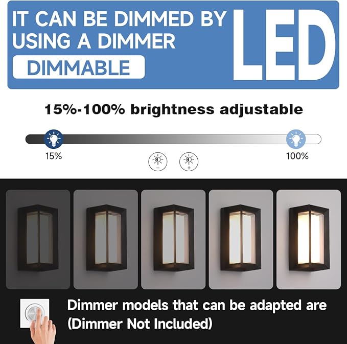 Outdoor Wall Light Fixtures,15%-100% Dimmable,3CCT 3000K/4000K/6500K,2160LM Aluminum Outdoor Modern Wall Lights,10.23 Inch Exterior Waterproof Lanterns,Matte Black Indoor Wall Sconce Art Lights 1 Pack