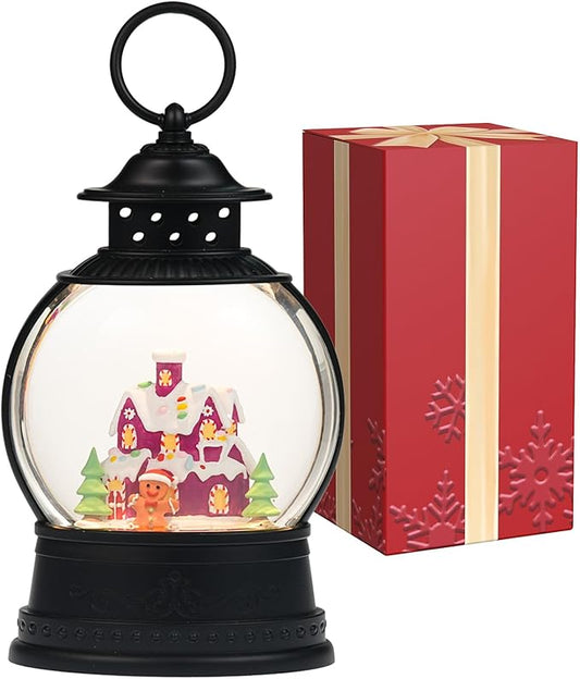 Christmas Snow Globes Lantern, Colorful Gingerbread House Christmas Decor Indoor, Glitter Musical Snowglobe with Timer, USB or Battery Operated Gingerbread Man Decorations Gifts