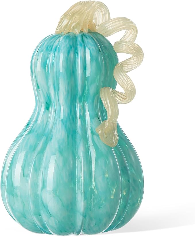Glitzhome 8.5" H Fall Glass Gourd,Tabletop Crystal Pumpkin Craft Ornament for Home Decor Halloween Party Decoration Thanksgiving Gift Fall Pumpkin Decor,Turquoise