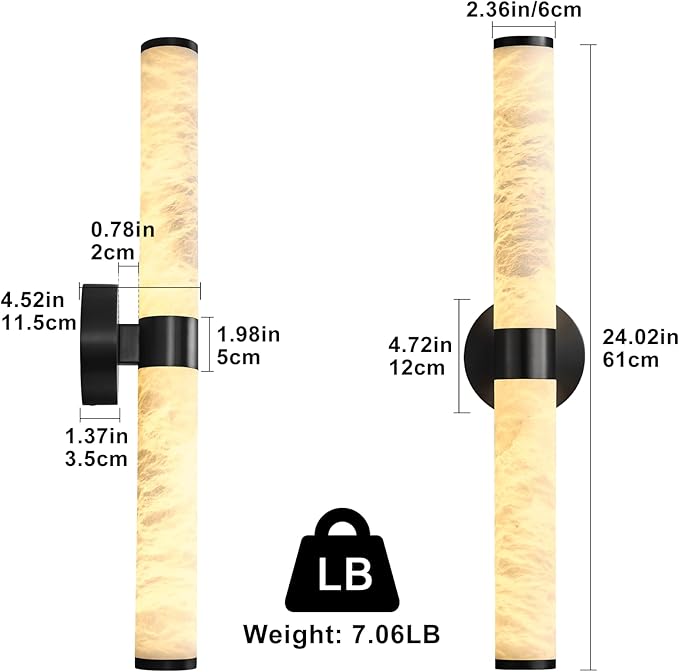 Alabaster Wall Sconce - 24" Black Wall Sconce Light, Modern Natural Spanish Marble Sconces Wall Lighting, Bathroom Vanity Sconces Wall Lights for Living Room, Bedroom, Hallway, Stairs, Matte Black