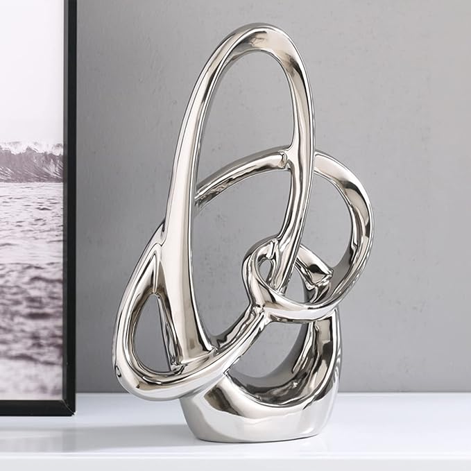 11in Silver Ceramic Statue – Modern Abstract Art Figurine for Home Decor Accents, Tabletop Centerpiece for Dining Room, Living Room Shelf, Office or Wedding Display