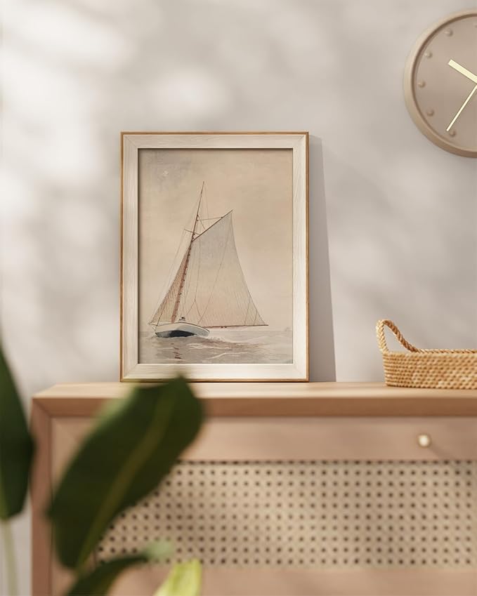 InSimSea Framed Canvas Wall Art of Large Coastal Sailboat - Classical Art for Living Room and Bedroom, White Sailboat Sea Painting, Home Decor Artwork 12x16In