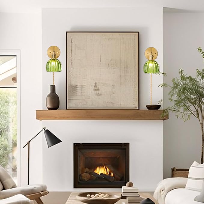 Plug in Wall Sconce, Vintage Sconce Light with Tulip Green Glass Lampshade, 180° Adjustable Wall Sconce with Switch and Plug in Wall Lamp Cord, Gold Wall Light for Bedroom Bedside