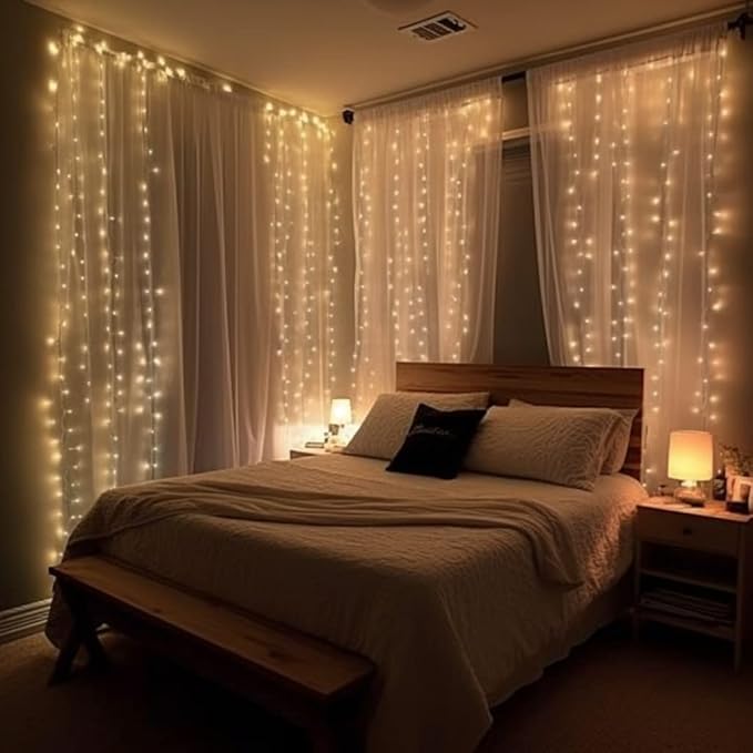 300 LED Curtain String Lights, Twinkle Fairy Lights for Bedroom with 8 Lighting Modes, USB Christmas Lights for Party Home Bedroom Indoor Wall Room Decor (Warm White)