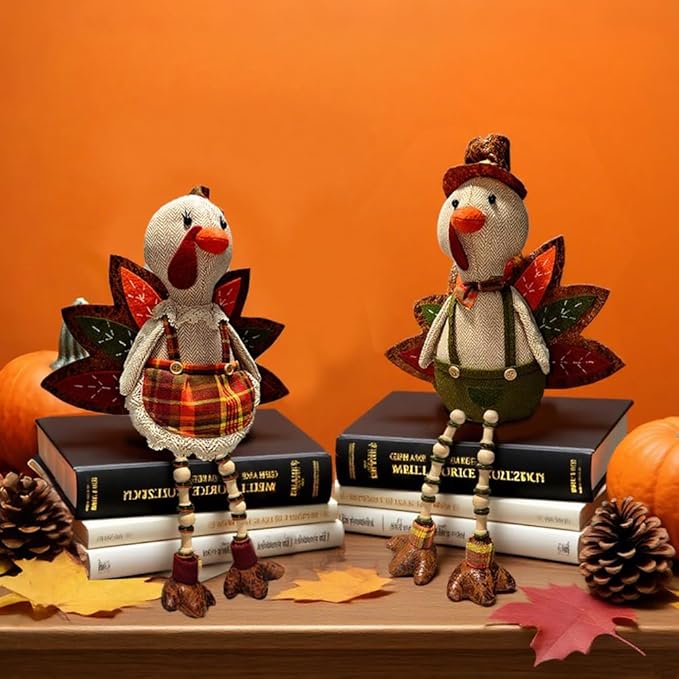 Thanksgiving Tabletop Decoration Stuffed Turkey, 12"*17" Turkey Shelf Sitting,Animals Figurines, Couple Doll Handmade Ornaments Fall Decor for Mantel Fireplace (1SET 2PCS)
