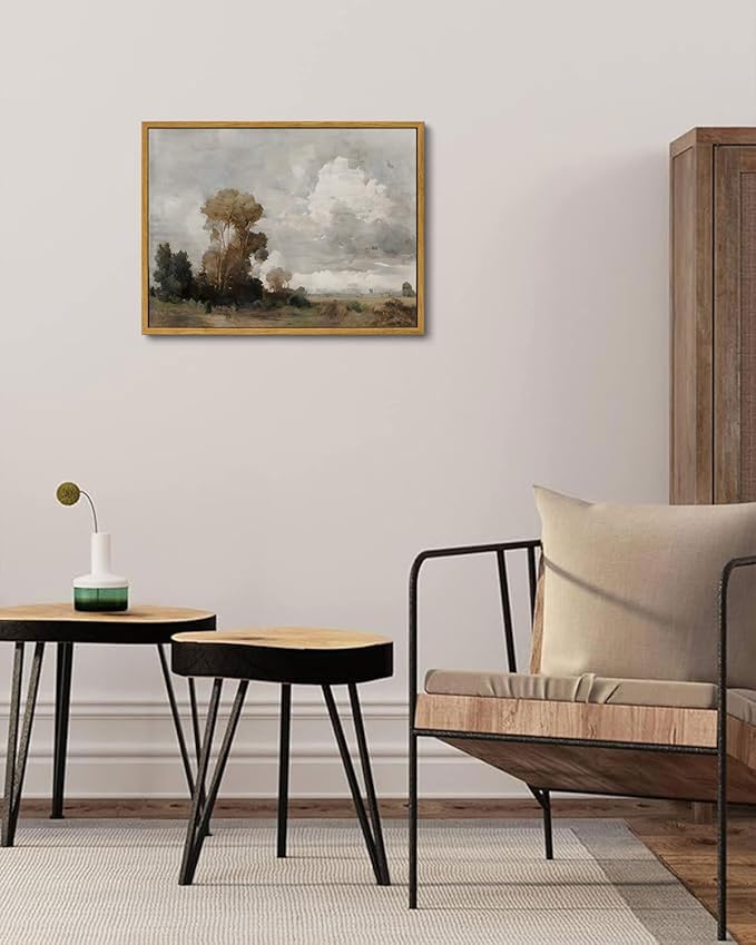KISSFOX Autumn Vintage Landscape Canvas Wall Art Fall Farmhouse Countryside Scene Clouds Trees Oil Painting Framed Wall Art Prints Artwork For Living Room Bedroom Kitchen
