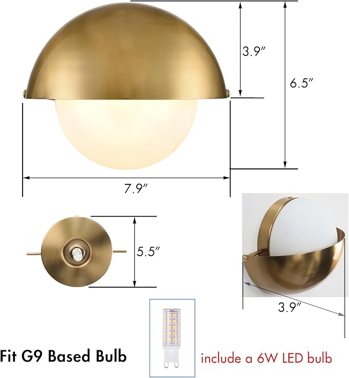 YUBOLE Mid Century Wall Sconce Modern Gold Bathroom Vanity Light Over Mirror with Adjustable Metal Shade and Milky Glass Globe G9 Based Indoor Wall Lamp Wall Mounted Sconce
