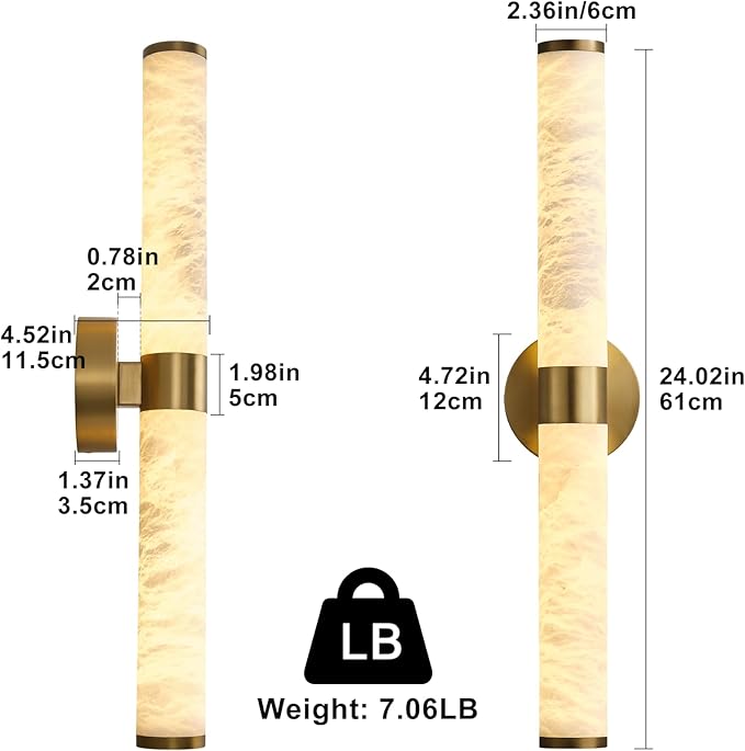 Alabaster Wall Sconce, 24" Natural Spanish Marble Wall Sconce, Modern Gold Alabaster Sconces Wall Lighting, Brass Bathroom Vanity Sconces Wall Lights for Living Room, Bedroom, Hallway, Stairs