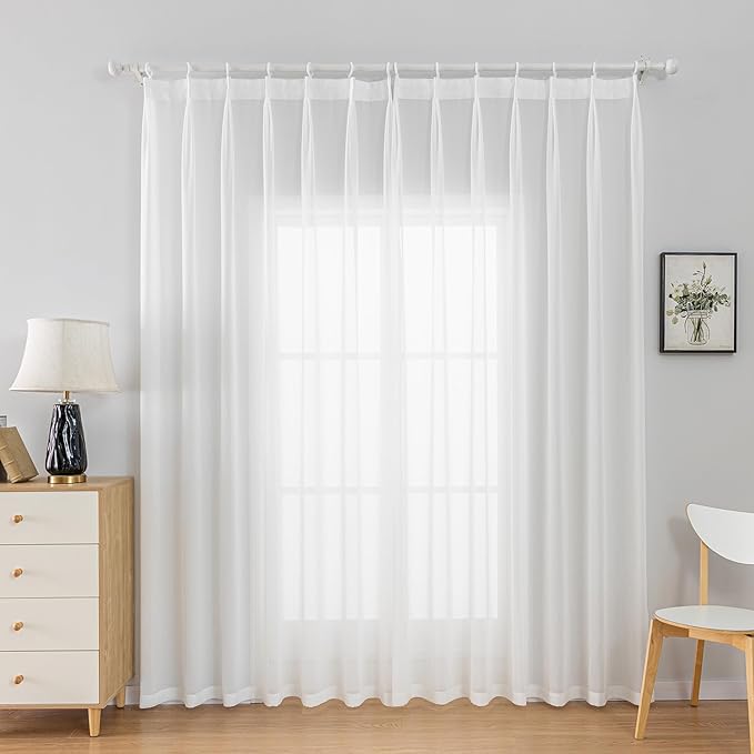 Off White Sheer Curtains 90-inch Long Pinch Pleated Curtains for Bedroom Living Room Yard 1 Panel Light Filterring Pinch Pleat Chiffon Curtain & Drapes for Sliding Glass Door, W66 x L90