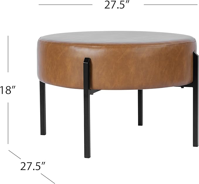 HomePop Modern Round Ottoman, Home Décor,Upholstered Round Velvet Foot Rest Ottoman - Carmel Faux Leather Small
