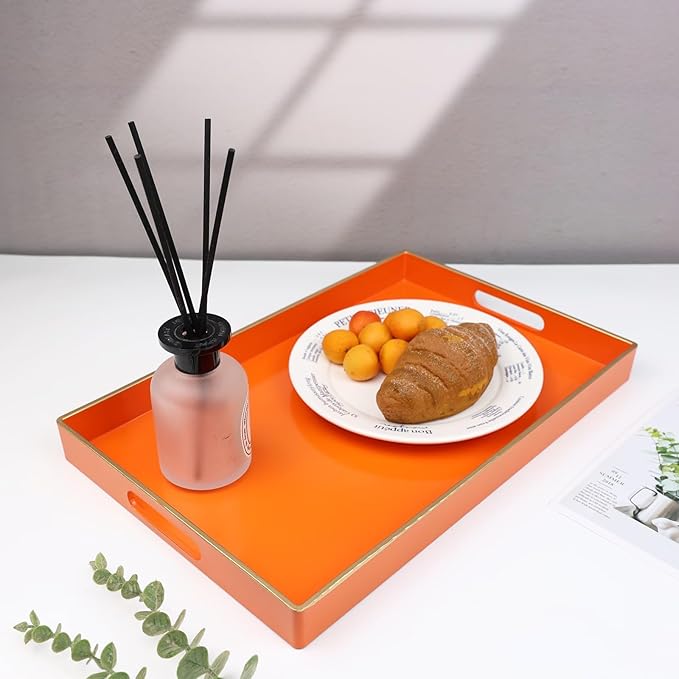 Spsyrine Orange Decorative Serving Tray with Handles, Elegant Plastic Coffee Table Tray for Ottoman, Living Room, Home Decor 15.6" X 10.2"
