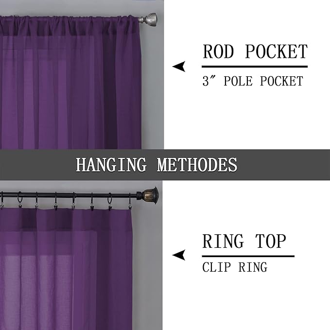 Tollpiz Sheer Tier Curtain Linen Textured Half Kitchen Curtains Sheer Light Filtering Rod Pocket Voile Small Curtains for Bathroom, 25 x 36 inches Long, Royal Purple, Set of 2 Panels