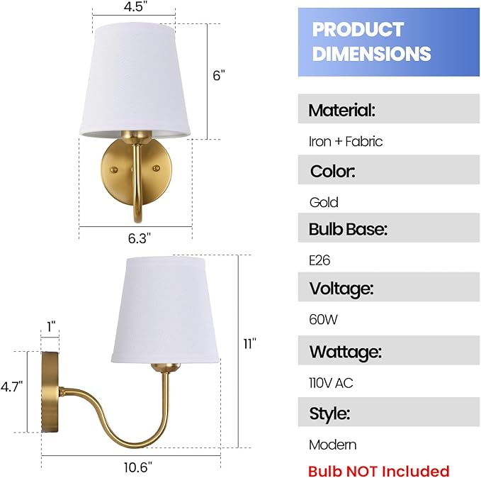 Wall Sconce Set of 2, Gold Bathroom Vanity Sconces Wall Lighting, Indoor Wall Lights with Light Beige Fabric Shades, Wall Mounted Lamps for Bedroom Living Room Hallway