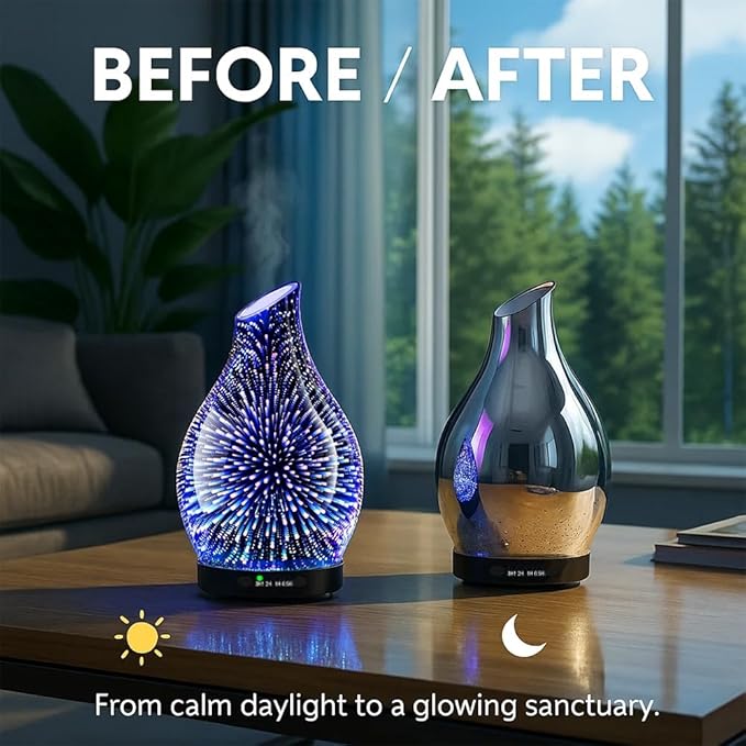 120ML Essential Oil Diffuser, 3D Glass Aromatherapy Diffuser with Auto Shut-Off and 7 Color LED Lights, Ultrasonic Mist Humidifier with 4 Timer for Home Office Bedroom (3D Fireworks)