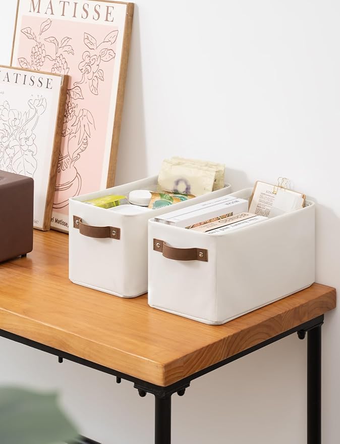 StorageWorks Narrow Storage Bins, Small Basket for Closet and Shelves, Rectangular Fabric Organizer with Handles, Toilet Paper Storage, Beige, 2-Pack