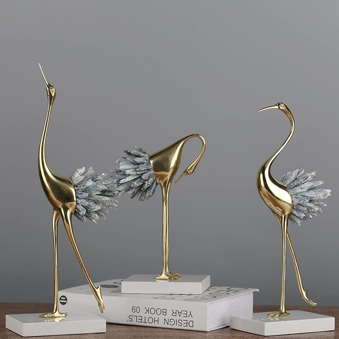 suruim Elegant Gold Crane Bird Statues with Crystal Tail Accents, Set of 3, Decorative Brass Figurines for Home Decor (Blue C)