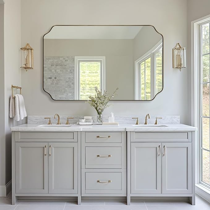 ANDY STAR 30"x48" Gold Bathroom Mirror, Large Scalloped Wall Mirror, Brushed Brass Mirror in Anti-Rust Stainless Steel Metal, Unique Scalloped Edge Design Decorative for Bathroom, Powder Room