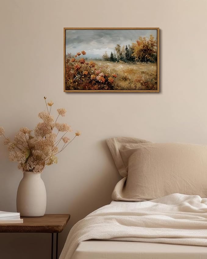 KISSFOX Fall Vintage Landscape Canvas Wall Art Farmhouse Autumn Leaves Nature Scene Oil Painting Framed Wall Art Prints Artwork For Living Room Bedroom Kitchen