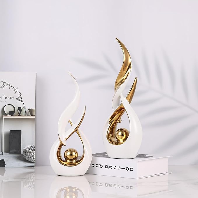 2 PCS White Gold Ceramic Statues For Home Decor Accents, Modern Abstract Art Sculptures, Elegant Tabletop Decorative Objects For Dining Room, Entryway, Tv Stand, Mantel, Coffee Table Centerpieces
