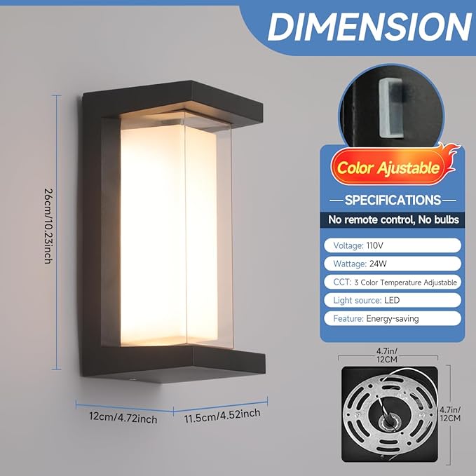 Exterior Lighting Fixtures,15%-100% Dimmable,3CCT 3000K/4000K/6500K,2160LM Aluminum Outdoor Modern Wall Lights,10.23 Inch Exterior Wall Lanterns,24W Matte Black Indoor Wall Sconces Art Lights 2 Pack