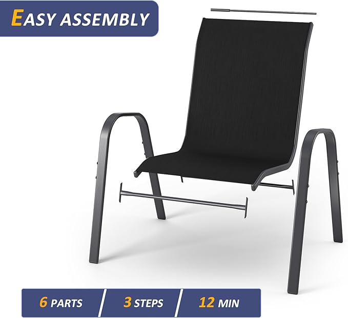 Amopatio 7 Pieces Patio Dining Set, Outdoor Table and Chairs, Square Metal Table with Umbrella Hole, 6 Stackable Chairs, Patio Furniture Sets for Deck, Backyard, Garden and Poolside, Black