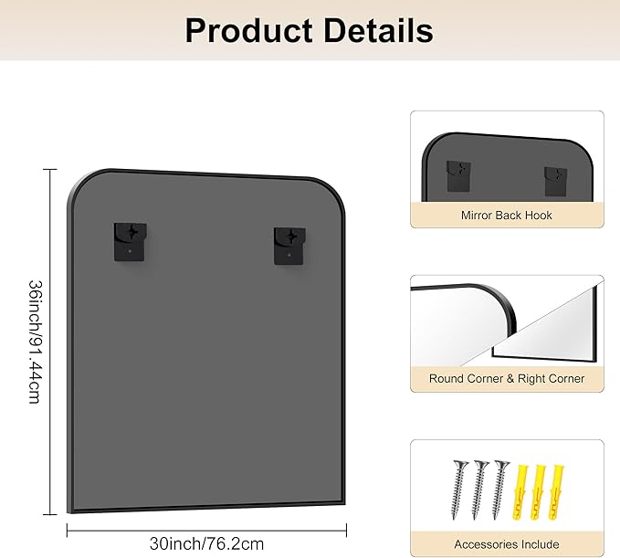 Bathroom Mirror, 30x36 inch Black Rectangle Wall Mounted Mirror with Thin Frame, Bathroom Vanity Mirrors for Over Sink, Entryway, Living Room, Bedroom