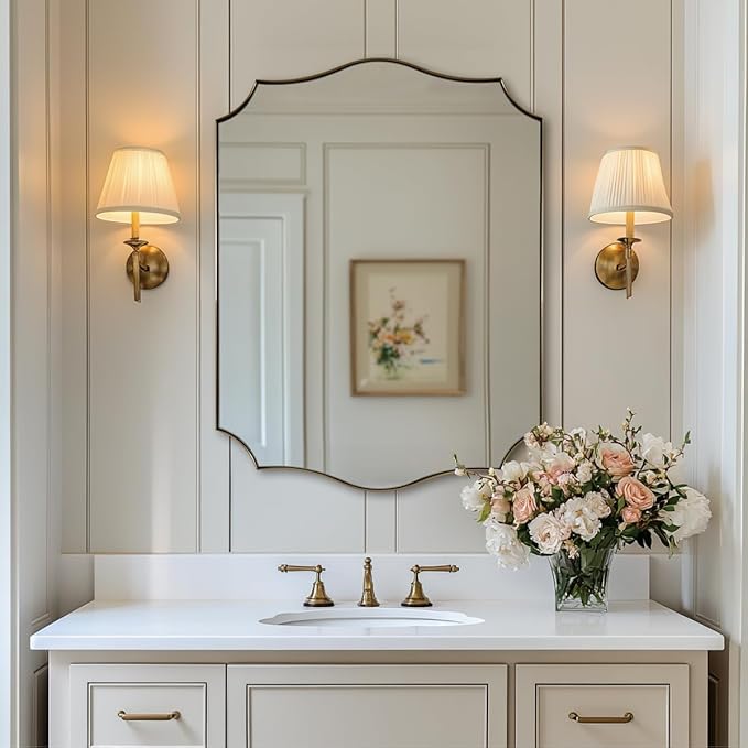 ANDY STAR Gold Mirrors, 24x32 Inch Bathroom Vanity Mirror, Antique Brass Asymmetrical Mirror, Unique Rectangle Mirror with Sophisticated Curved Design, Ideal for Home Decor