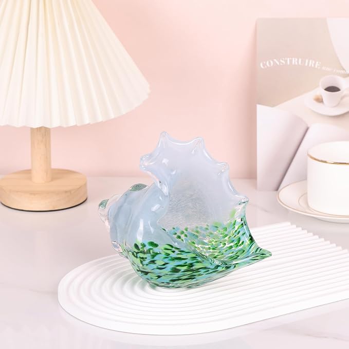 LCCCK Hand Blown Glass Conch Shell Sculpture, Sea Glass Art Figurines, Beachy Room Decor, White and Green Conch Shell Decorative Statues, Sea Shell Coastal Decor for Shelf House Room, Beachy Gifts