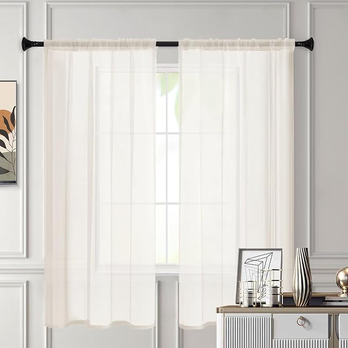 Sheer Curtains 45 Inches Long 2 Panels, Rod Pocket Short Curtain for Kitchen, Bedroom, Cafe Window(Ivory 38" W x 45" L)