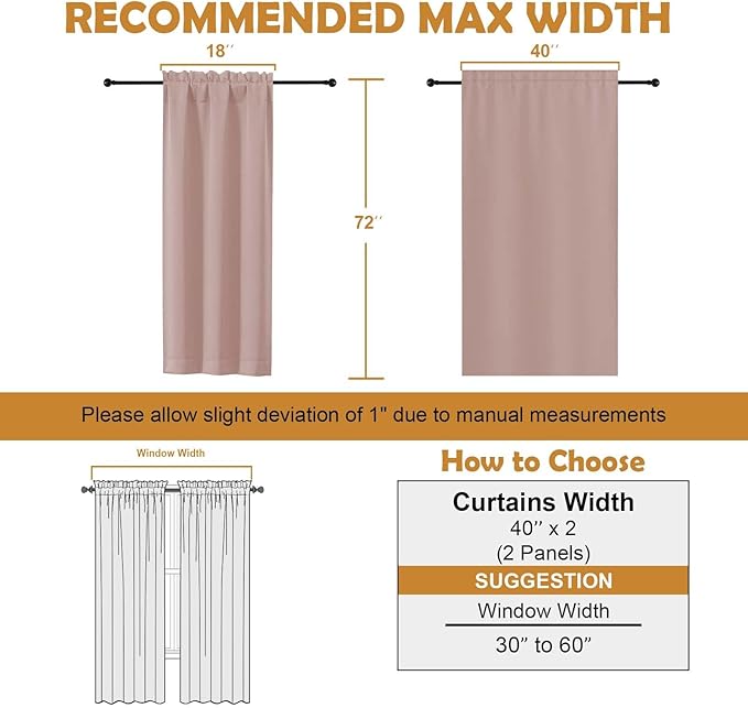 Aiyufeng Blush Blackout Curtains, 2 Panels Set, 40"W x 72"L, Modern, Contemporary Style, Pinch Pleat Top, Blackout, Thermal Insulated, Polyester, Bedroom, Machine Washable