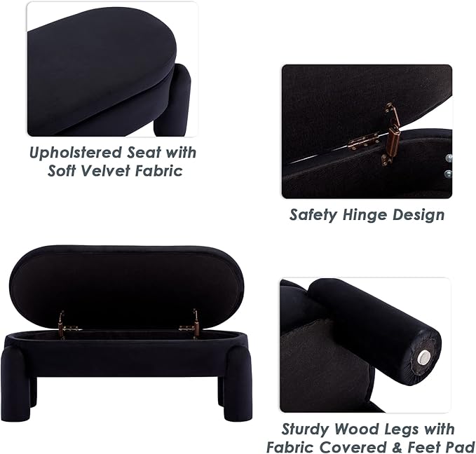 DUOMAY Storage Ottoman Bench, Velvet Upholstered Fabric Storage Bench End of Bed Stool for Bedroom Living Room Entryway, 44.75" Width, Black