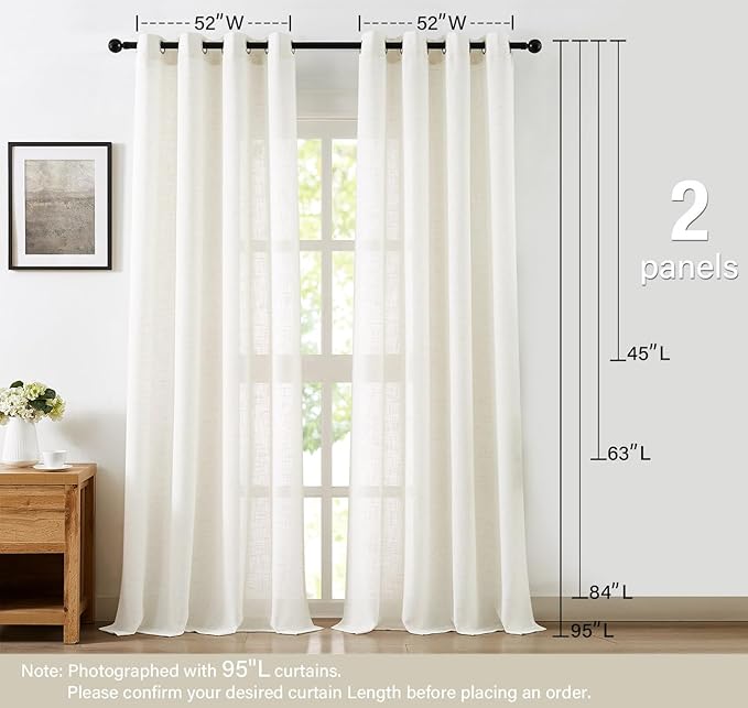 Treatmentex Flax Blend Linen Semi Sheer Curtains for Bedroom 52 x 63 White Light Filtering Privacy Curtain Draprs for Office Sun Room Grommet Top 2pcs