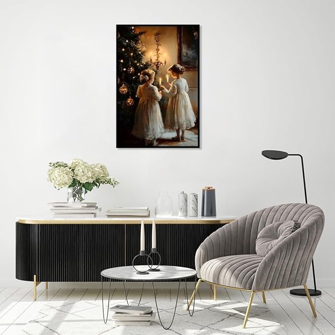Vintage christmas wall art christmas tree wishing girl canvas poster winter room holiday decoration for farmhouse cabin living room bedroom black framed12x16inch
