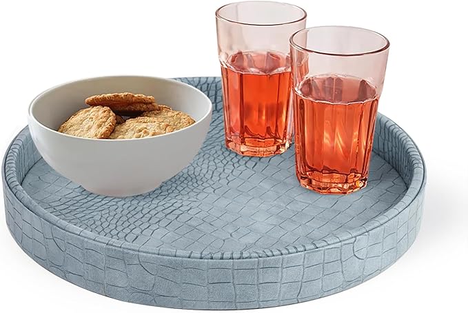 HofferRuffer Faux Leather Round Serving Tray, Vegan Croco Leather Decorative Tray, Food Tray for Storage Drinks, Snack & Cosmetics, Dia.12'' x 1.6'' (LightBlue)
