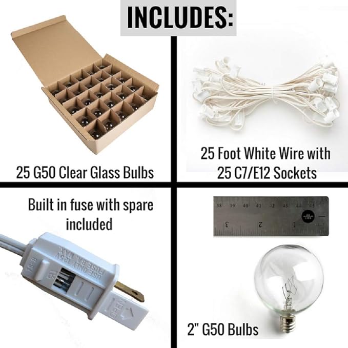Hometown Evolution, Inc. 25 Foot Globe String Lights (G50 Clear - White Wire - 2 Inch 7-Watt Bulbs +1 Free Spare)