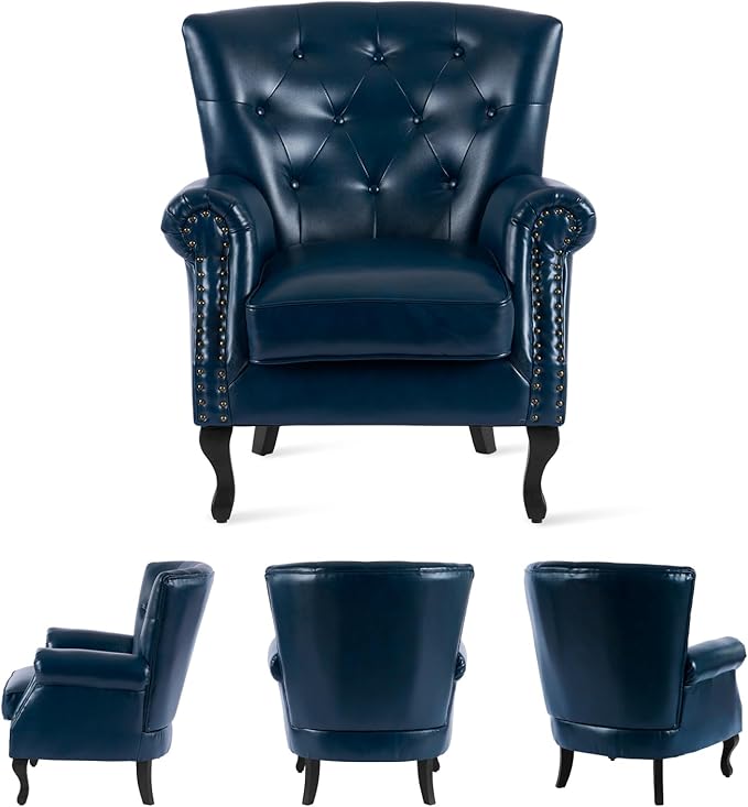 MOJAY PU Leather Accent Chair, Mid-Century Modern Armchair Living Room Club Chair with Tufted Button & Rivet Trim, Upholstered Sofa Chair with Sturdy Wood Legs for Bedroom (Navy)