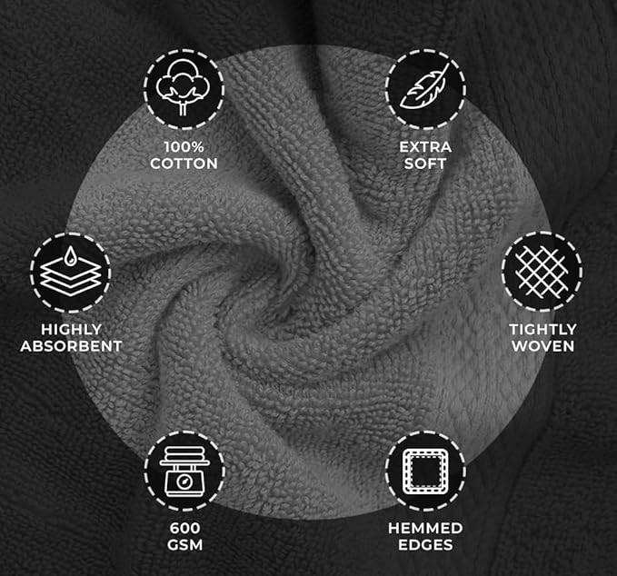 Avalon Towels Luxury 8 Piece Grey Towels Set, 2 Bath Towels, 2 Hand Towels and 4 Washcloths, 600 GSM 100% Ring Spun Cotton Highly Absorbent Grey Bathroom Towels, Ideal for Hotel, Spa and Gym