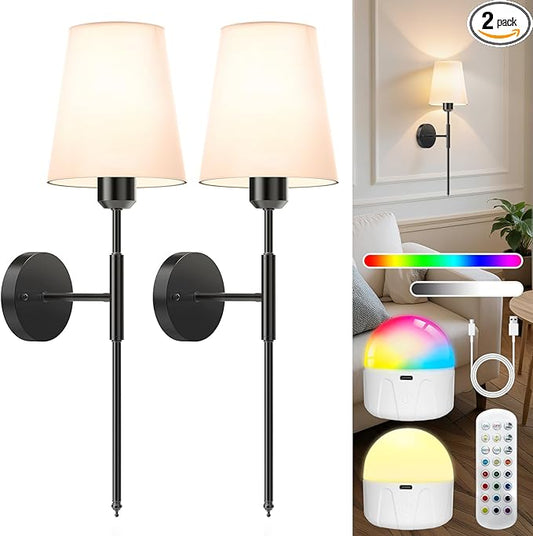 24 inch Battery Operated Wall Sconces Set of 2, Wireless Wall Lights with Rechargeable Bulbs & Remote, 15 Colors & Dimmable, Battery Powered Wall Lights for Bedroom, Living Room, Hallway, Black