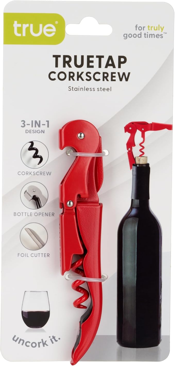 True Truetap Double Hinged Waiter's Corkscrew Wine Opener, Stainless Steel Wine Bottle Opener with Built In Foil Cutter, Home Bar Tools, Bar Cart Accessories, Wedding Gifts, Set of 1, Solid Red