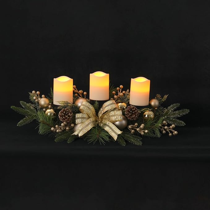 Christmas Table Centerpieces Decorations, 27.5 Inch Designed with Golden Bowknot Baubles Ornaments, Artificial Golden Berries and Pine Cones for Dining Room Table (Gold Ball)